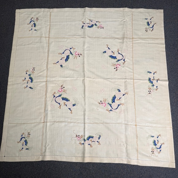 Embroidered Dragons Tan Square 47"X47" Tablecloth ( Believe it to be Silk) - Picture 2 of 9